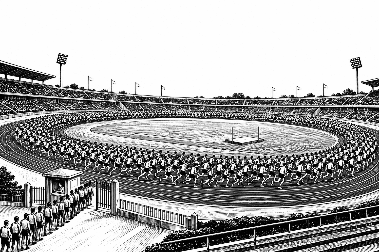 Black and white line illustration of a running track packed with runners, with a small ticket booth and a queue at the entrance gate